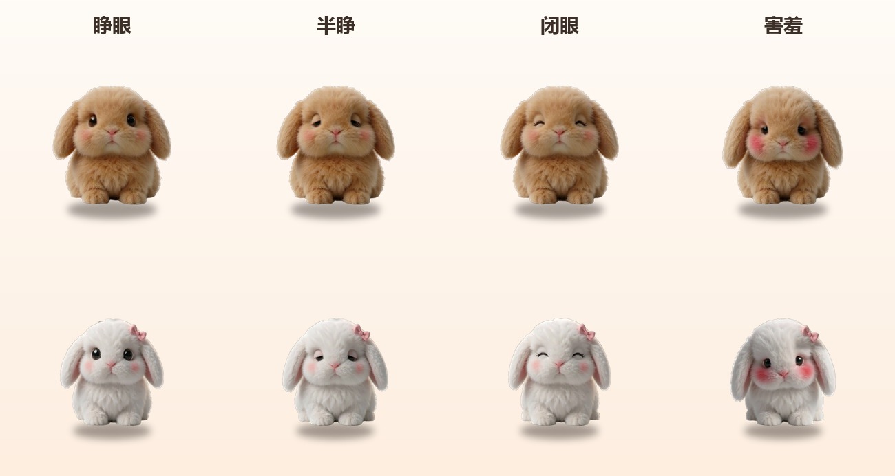 每只兔子的四种表情：睁眼、半睁、闭眼、害羞